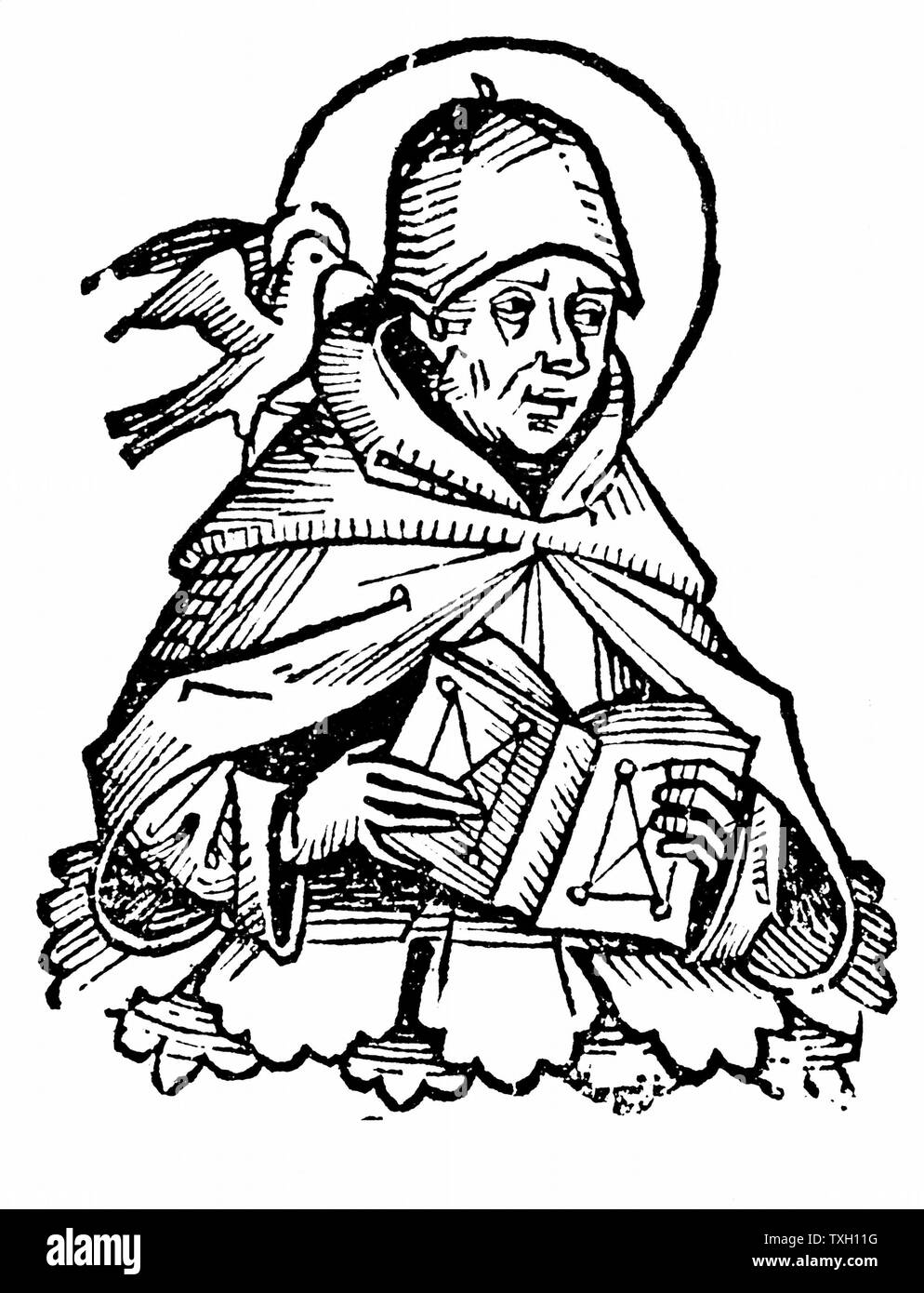St Thomas Aquinas (c1225-1274) Italian philosopher and theologian. Joined Dominican order and studied under Albertus Magnus at Cologne. Wrote commentaries on Aristotle He holds open a book, while on his shoulder is the dove of the Holy Spirit. Woodcut from Hartmann Schedel 'Liber chronicarum mundi' (Nuremberg Chronicle) Nuremberg 1493 Stock Photo