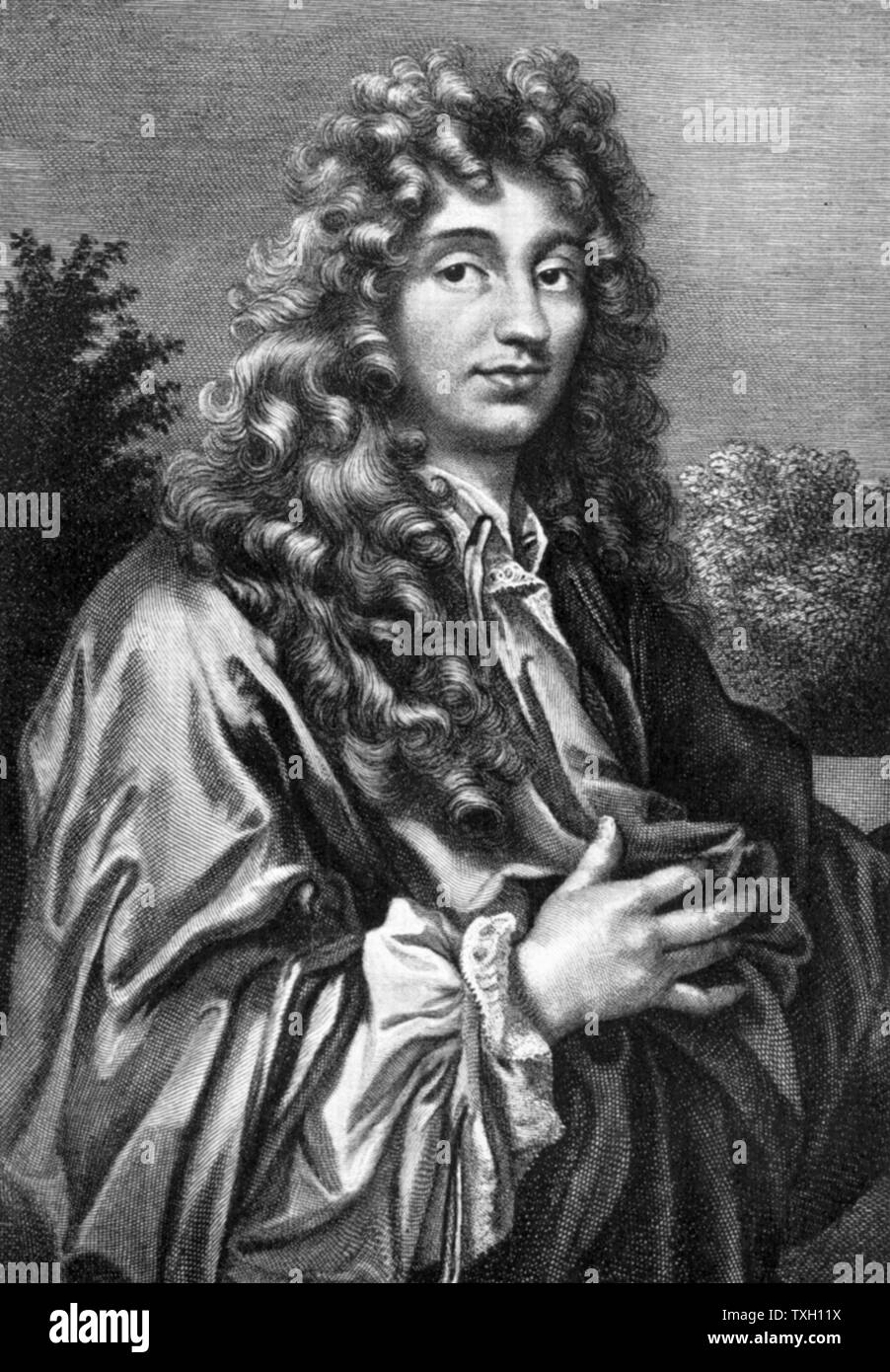 Christiaan Huyghens (1629-95) Dutch physicist. Pendulum clock: Wave theory of light. Three-quarter length portrait engraving. 18th century Stock Photo