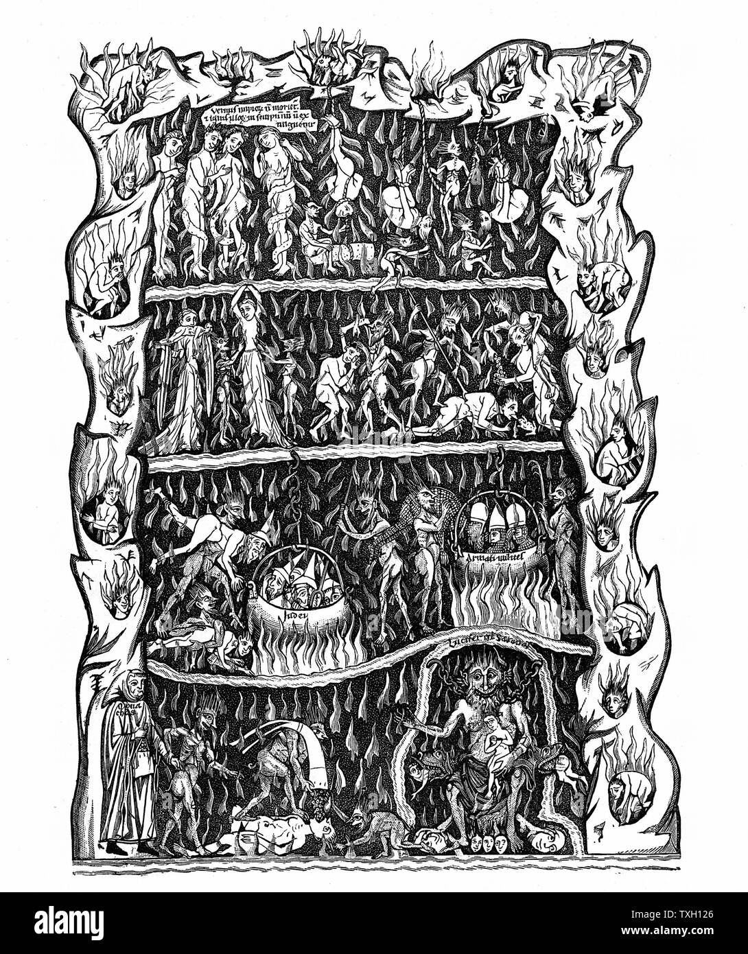 Hell: Engraving after miniature in 12th century manuscript  'Hortus deliciarum' produced in monastery at Hohenbourg and destroyed in burning of Strasbourg Library during Franco-Prussian War 1870-71 Stock Photo