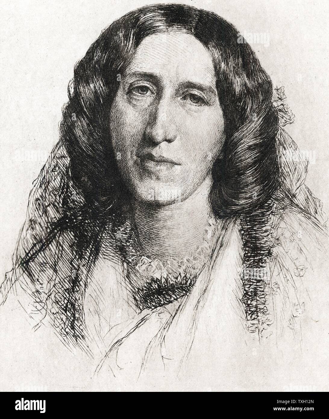George Eliot - pen name of Mary Ann Evans (1819-1880). English novelist poet and critic. Etching after portrait by Frederick Burton Stock Photo