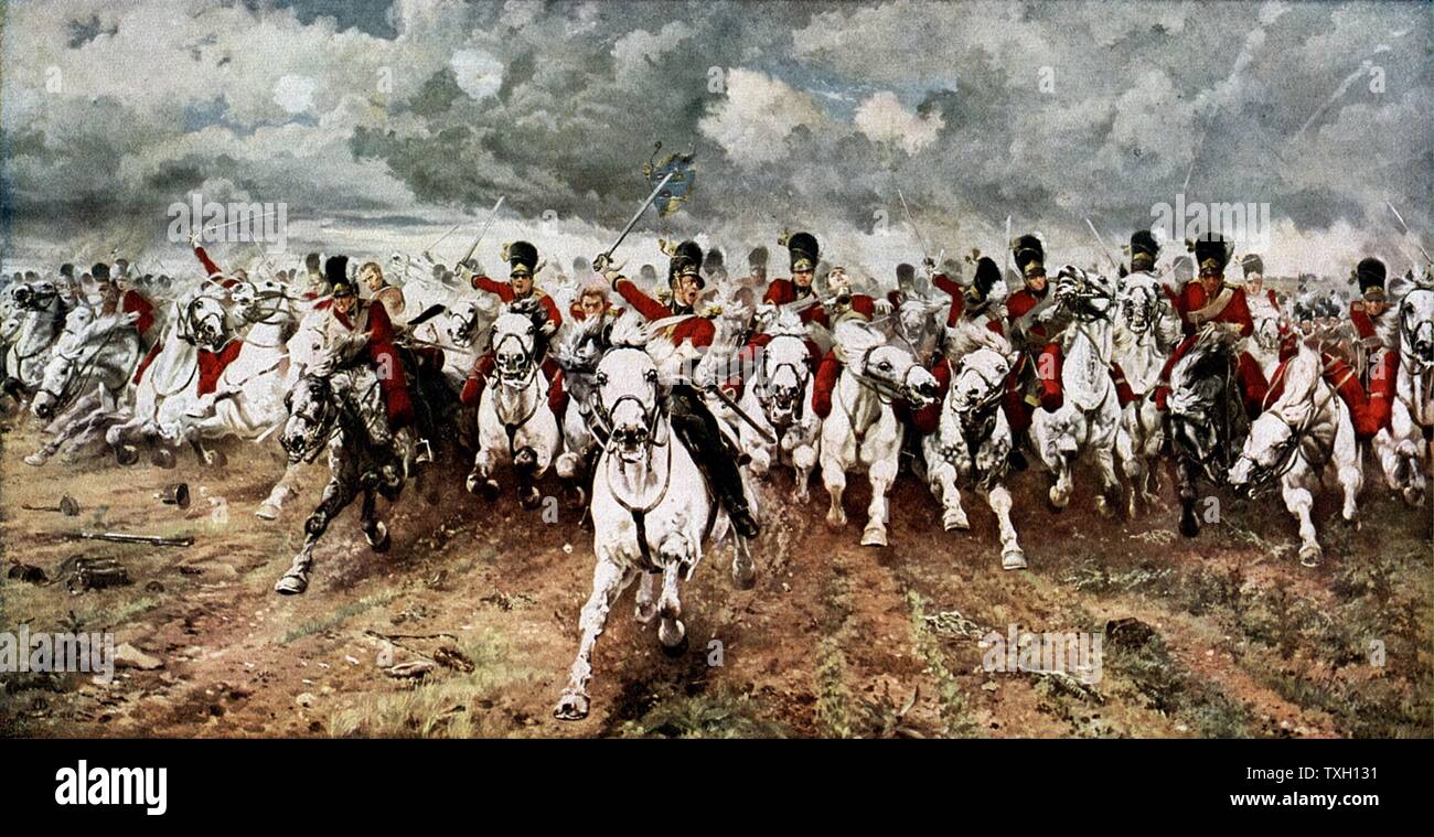 'Scotland for Ever'. The charge of the Scots Greys at Waterloo, 18 June 1815. After the painting by Lady Butler Stock Photo