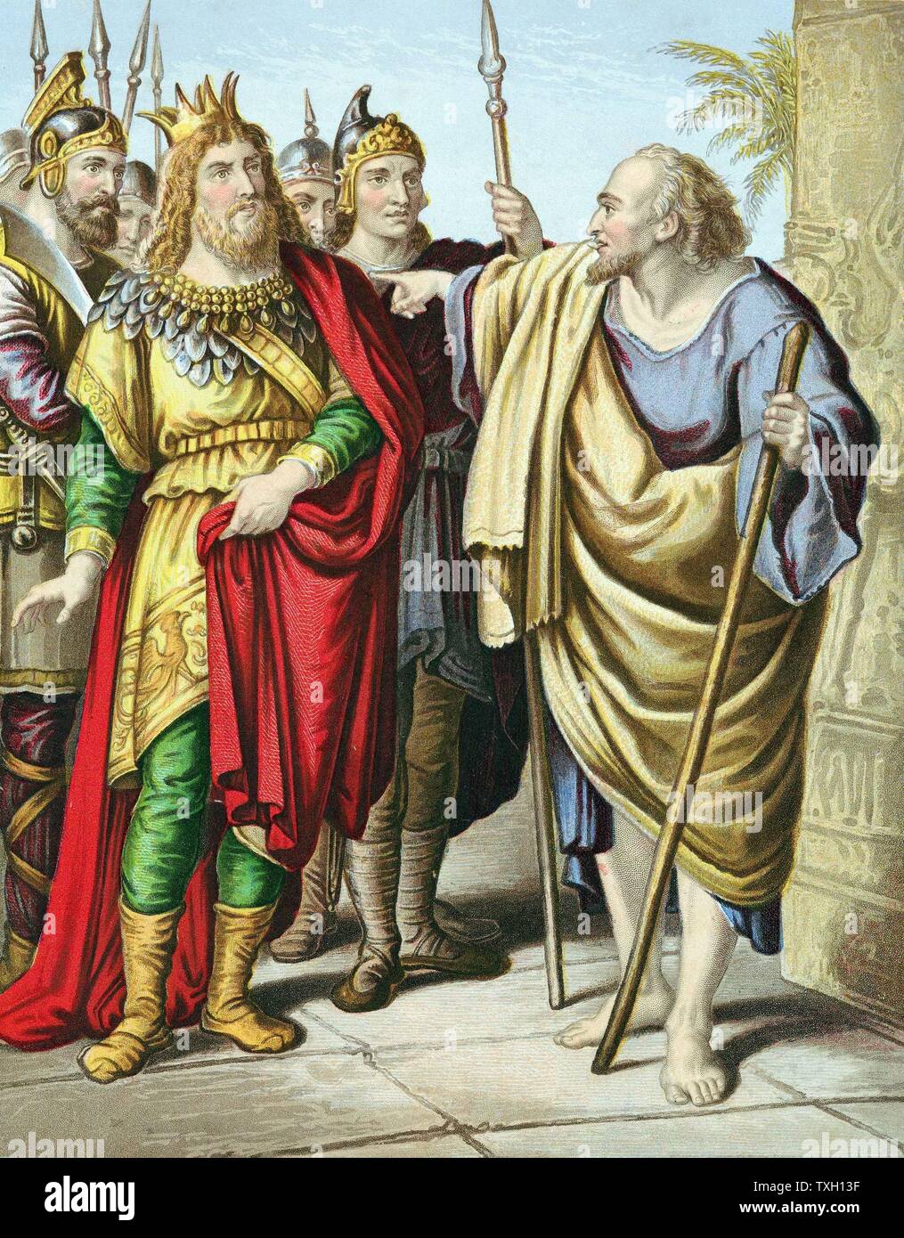 Elijah, Old Testament prophet, rebuking Ahab for forsaking the Lord for the god Baal. 'Bible' I Kings 18. Mid-19th century chromolithograph Stock Photo