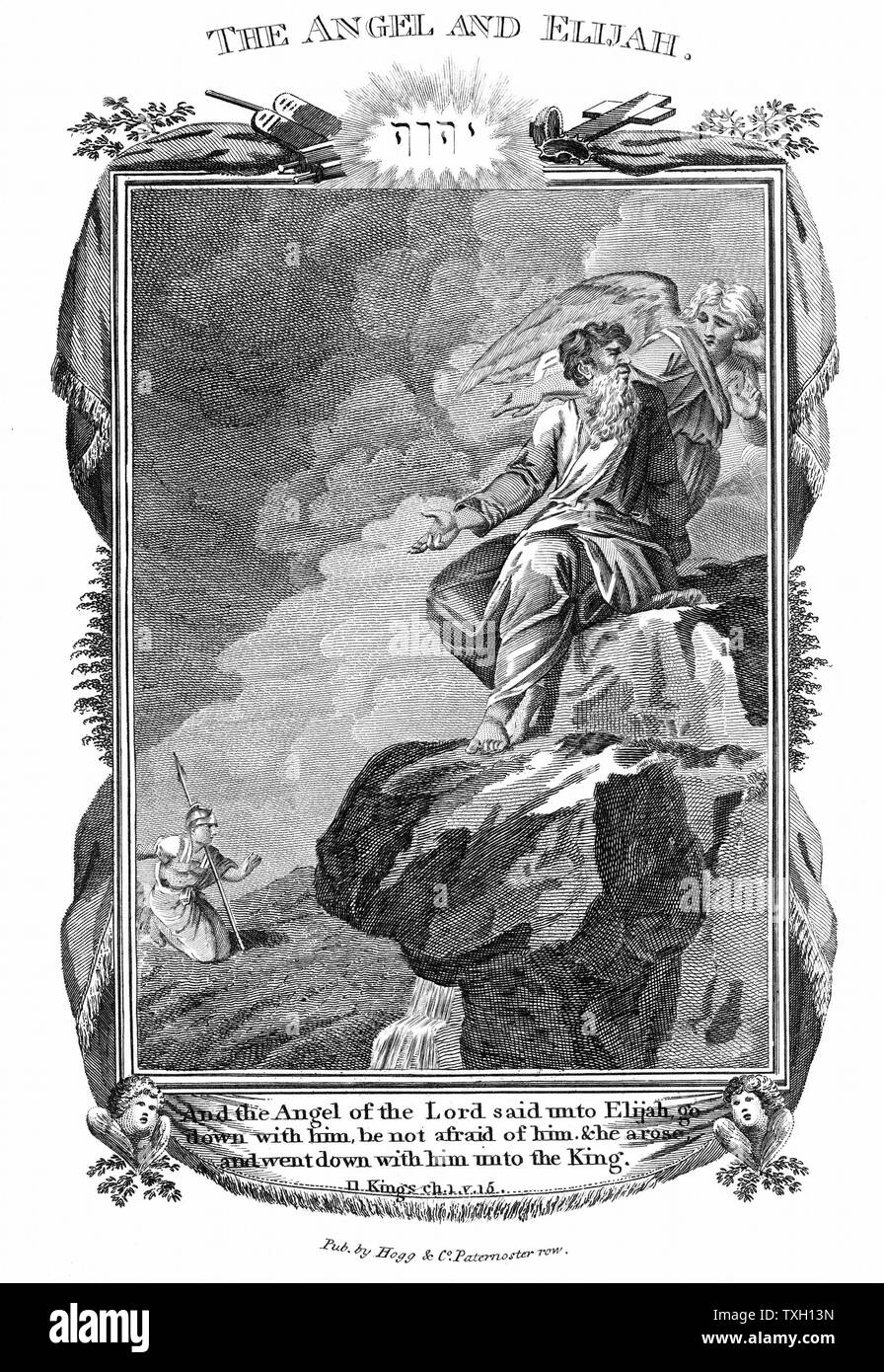 Angel of the Lord appearing to Elijah on the mountain and telling him not to be afraid and to go down to the king. 'Bible' II Kings I:15. Copperplate engraving 1804 Stock Photo