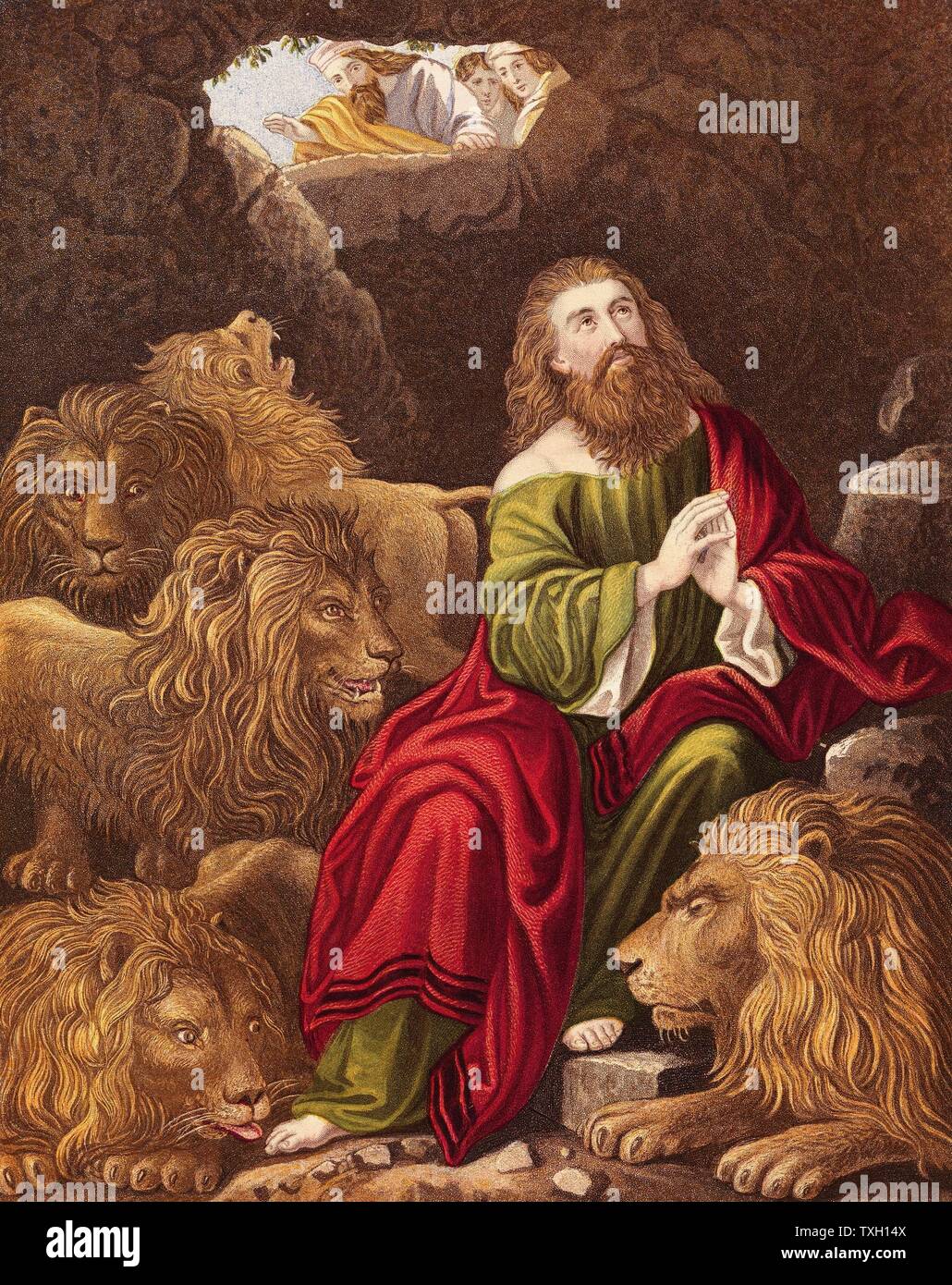 Daniel, one of four great Hebrew prophets, cast into the Lions' den by Nebuchadnezzar (Nebuchadrezzar) king of Babylon who is calling down '..is thy God …able to delivery thee from the lions?'  'Bible' Daniel 6:20.  Daniel's survival demonstrated power of his true God Jehovah and insignificance of the Assyrio-Babylonian god Bel (Baal).  Chromolithograph c1860 Stock Photo