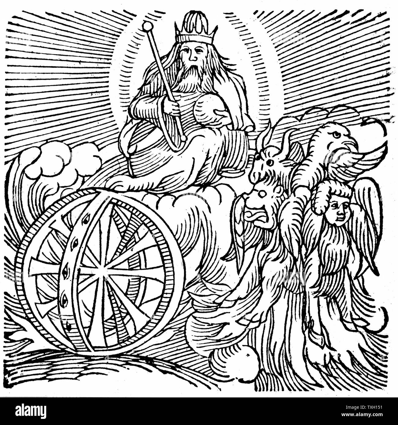 Ezekiel's vision of chariot in sky c.614 BC. 'Bible' Ezekiel II:9. One modern explanation is that Ezekiel, on of four great Hebrew prophets, observed parhelia (mock suns), a phenomenon caused by reflection from water droplets or minute particles in the earth's atmosphere. From Conrad Lycosthenes 'Prodigiorum ac ostentorum chronicon', Basel, 1557. Woodcut Stock Photo