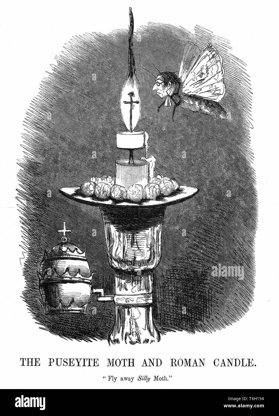 The Puseyite Moth and the Roman Candle: Edward Pusey (1800-1882) English theologian and leader of Oxford Movement, shown as Anglican moth in danger of being singed by the flame of Roman Catholicism. Cartoon from 'Punch' London 1850. Engraving Stock Photo
