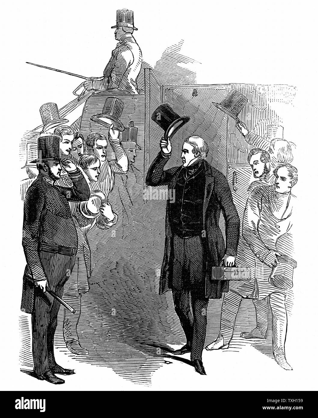 Robert Peel (1788-1850) British statesman, arriving at House of Commons, January, 1846, being saluted by a member of the London police force which he reformed, and which became known as 'Peelers' or 'Bobbies. Woodcut, 1846 Stock Photo
