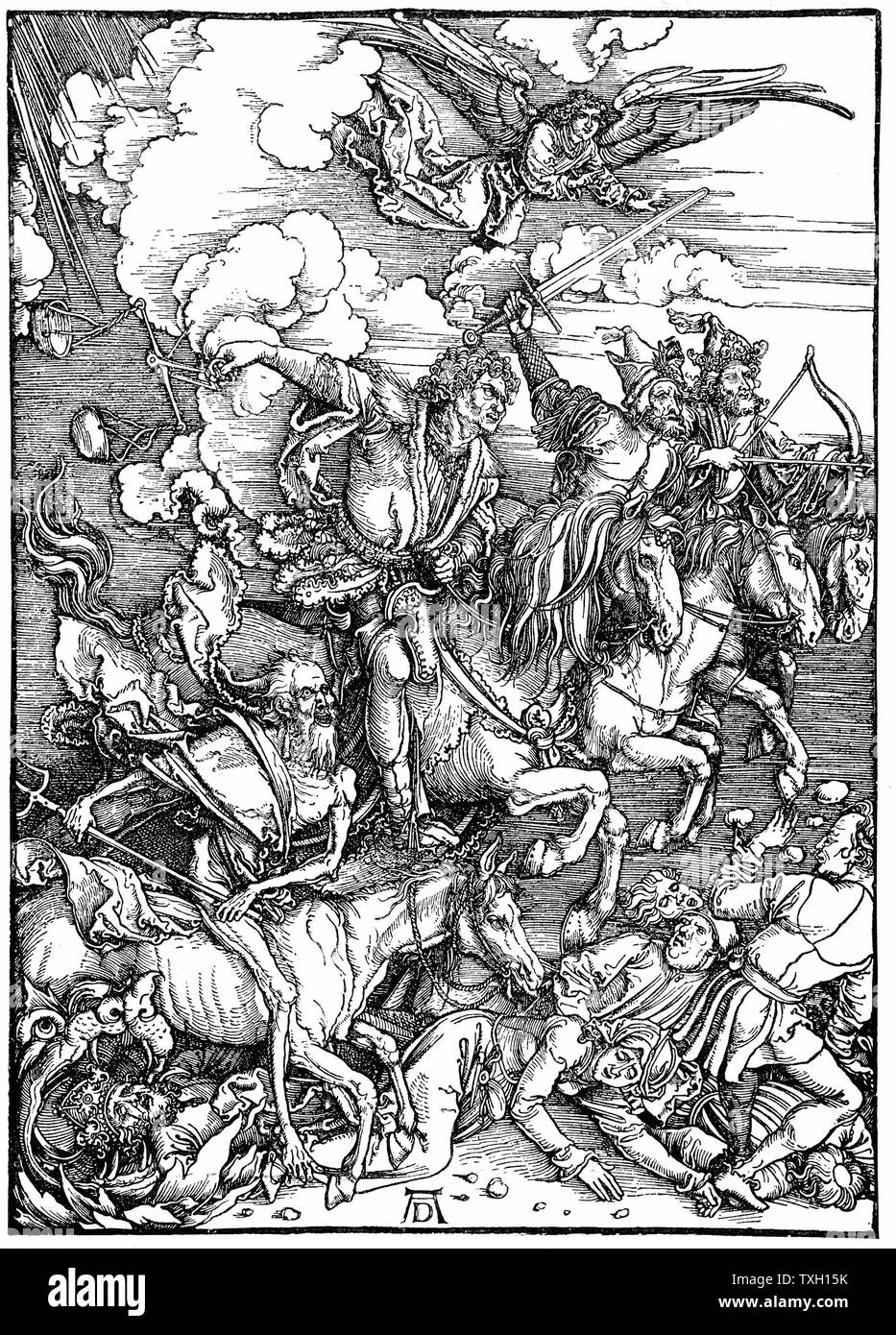 Four Horsemen of the Apocalypse, illustrating 'Bible' Revelation of St John. Archangel watches as four agents of destruction, two of war and one each of famine and pestilence, gallop across the earth. Woodcut by Albrecht Durer, 1498. Stock Photo