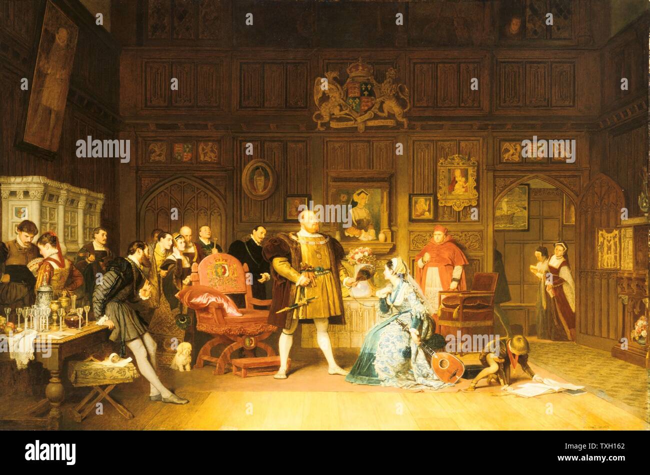 Marcus Stone (1840-1921) British history painter. 'Henry VIII and Anne Boleyn Observed by Queen Catherine' (Catherine of Aragon) , in doorway, whose portrait is on wall behind them. Anne has been playing the lute for the king watched by a gathering of courtiers . Cardinal Wolsey, right of centre, looks on.  The little dog, traditionally symbolising fidelity, is an ironic touch.  Oil on canvas. 1870. Private collection Stock Photo