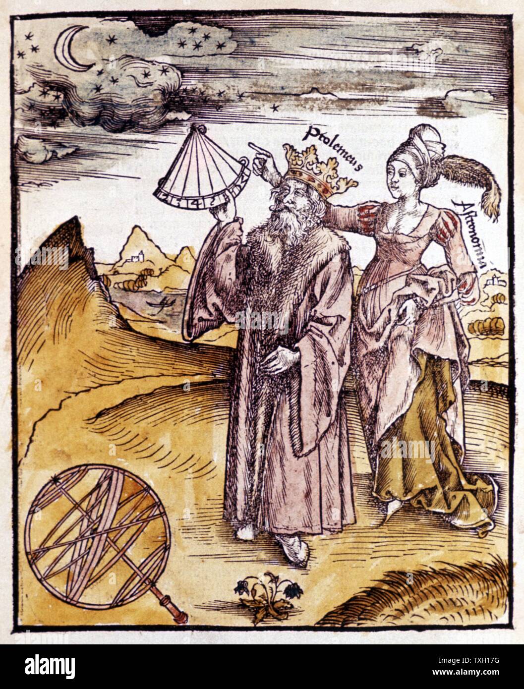 Ptolemy (Claudius of Ptolemaeus) fl150 AD Alexandrian Greek/Egyptian astronomer and geographer, using quadrant to measure altitude of Moon. Behind him stands Urania, Muse of Astronomy. He is shown wearing crown as he was sometimes confused with Ptolemaic kings of Egypt. Bottom left is an Armillary Sphere. From Gregor Reisch 'Margarita Philosophica'  Basle, 1508 Stock Photo