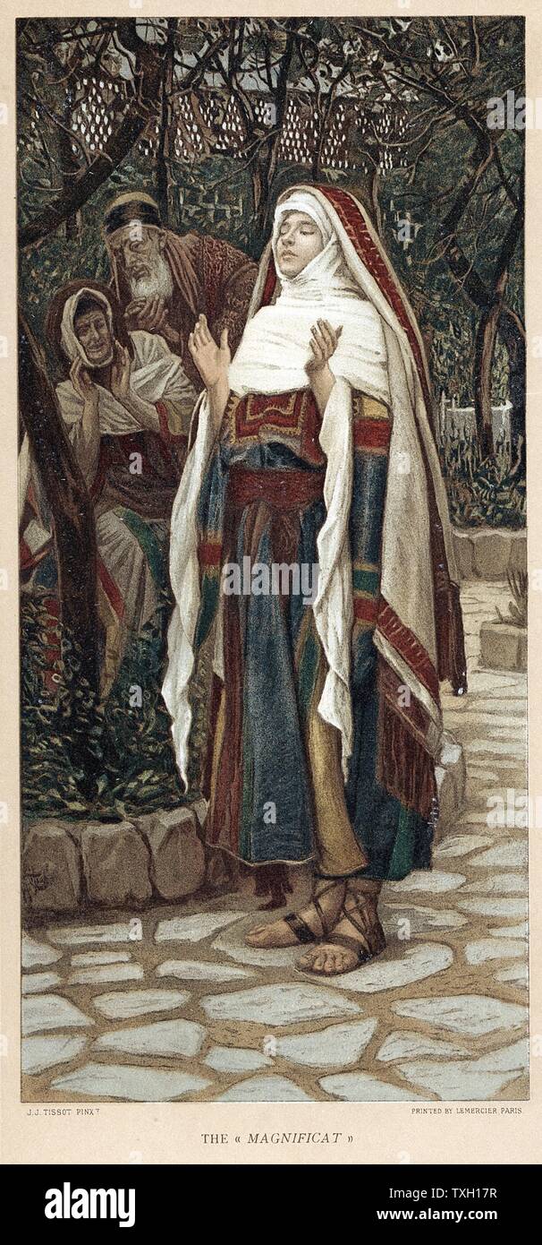 The Magnificat: Virgin Mary accepting the role that God has chosen for her, and saying 'My soul doth magnify the Lord …'. Illustration from  Jacques Joseph (James) Tissot 'The Life of our Lord Jesus Christ'. London c1890. Oleograph Stock Photo