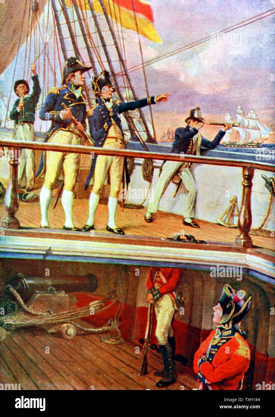 Battle of Trafalgar 21 October 1805 during Napoleon Wars. British fleet defeated Franco-Spanish fleet. Artist's impression of Nelson on the deck of  'HMS Victory'. Stock Photo