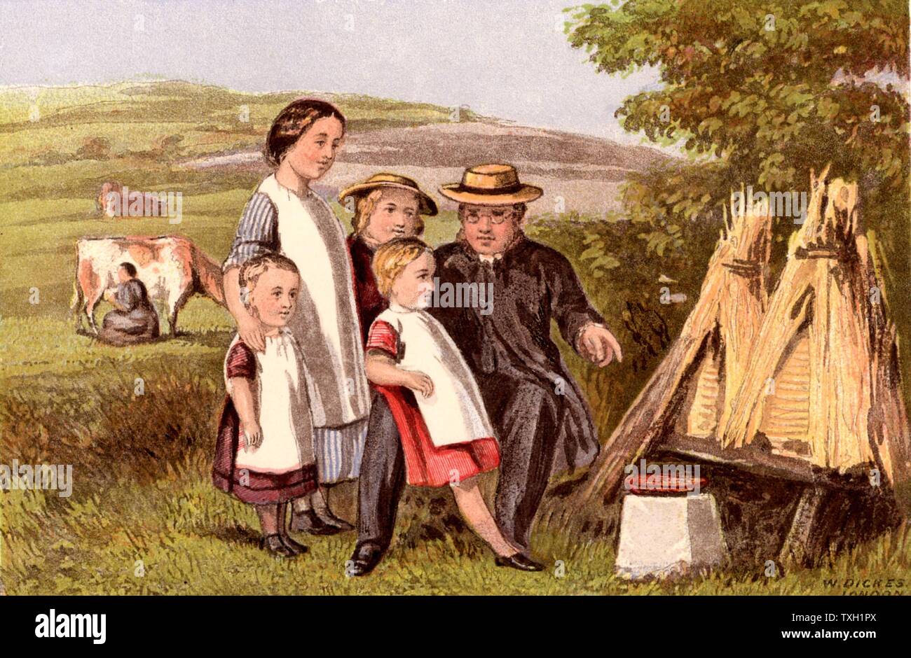 Children being shown straw beehives or skeps. In the 19th century Bees were a popular example of industriousness. Chromolithograph from 'Household Pictures for Home and School'  c1875. Stock Photo