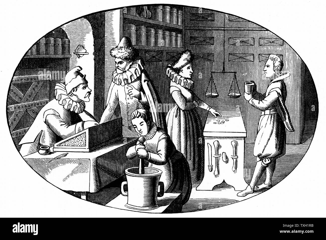 French grocer and druggist. In foreground a boy uses pestle and mortar to grind ingredients. In right background, balance for weighing goods hangs over counter. After 16th century print Stock Photo