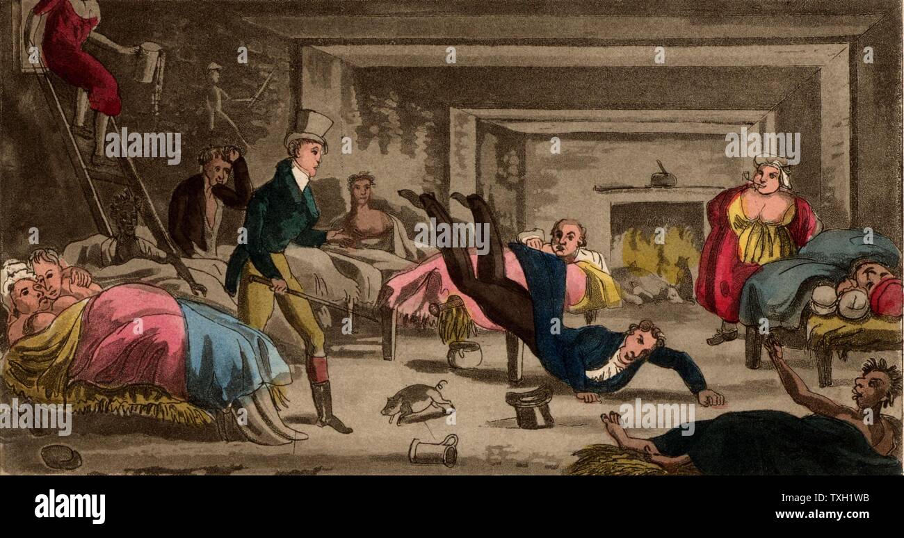 Adventures in a Snoozing Cellar: young blades visiting a brothel which obviously caters for a variety of tastes. From 'Real Life in Ireland' by 'Brian Boru'  London, 1826). Aquatint. Stock Photo