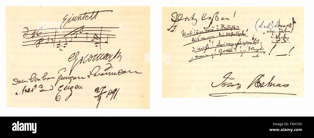 Entries from opposite pages of the Miller zu Aichholz children's guestbook, 9 August 1891.  On left Carl Goldmark (1830-1915) has written opening theme of Brahms' G Major string quartet, signing it C. Goldmark.  On right Johannes Brahms' (1833-1897) exaggeratedly punctuated, underlined and scrawled riposte beginning 'Leave the room!'. Stock Photo