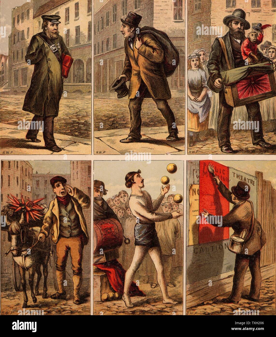 London street scenes. Messenger: Old Clothes Man: Organ Grinder: Vegetable Seller: Juggler: Billposter. Illustrations by Horace William Petherick (1839-1919) for a children's book published London c1875. Chromolithograph Stock Photo