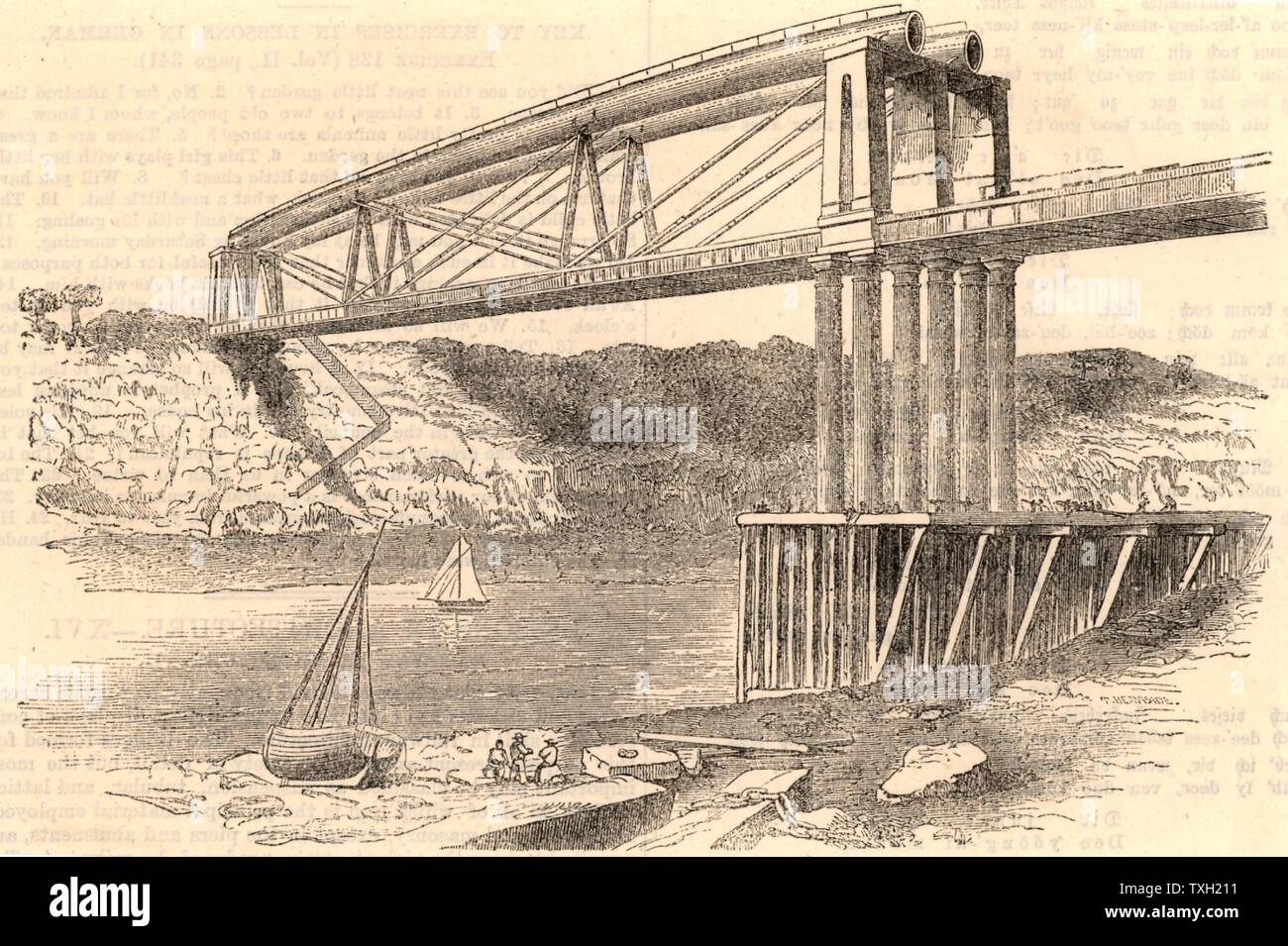 Wrought iron tubular trussed bridge over the river Wye at Chepstow, c1885.  This bridge, constructed 1849-1852, was an innovative design by Isambard Kingdom Brunel (1806-1859) and the use of wrought iron tubular girders is considered to be a dummy run for his last great masterpiece, the Royal Albert bridge over the Tamar at Saltash. The Chepstow bridge carried the South Wales Railway over the Wye. Brunel was engineer to the railway.   From 'The Popular Educator'. (London, c1885). Stock Photo