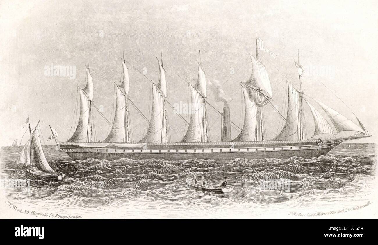 The Great Britain Steam Ship', c1843.  Designed by Isambard Kingdom Brunel (1806-1859),  she was built for the transatlantic passenger trade.  In the event, she made most of her voyages on the Australian run.  Launched on 19 July 1843, she was the first ocean-going vessel with a screw propeller and an iron hull. This shows her in her original state with six masts. Stock Photo
