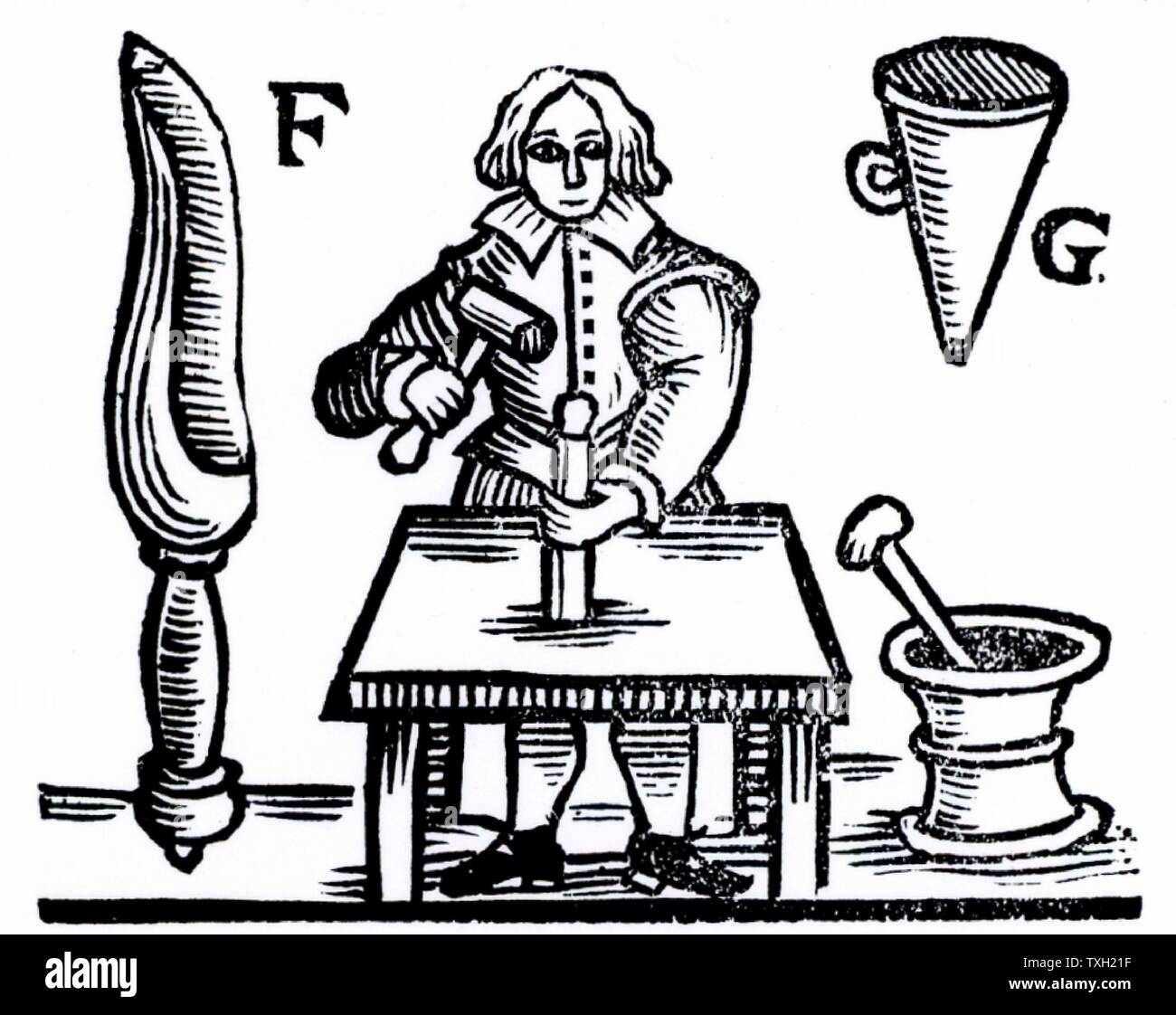 Filling a firework rocket. The case or 'coffin' of paper is placed in a form and forced to a good fit with a couple of sharp blows with a mallet. It was then filled with the explosive charge using a funnel (G) to pour in measures (F), and rammed down firmly after each measure.  From 'A Rich Cabinet, with Variety of Inventions' by John White (London, 1658). Stock Photo