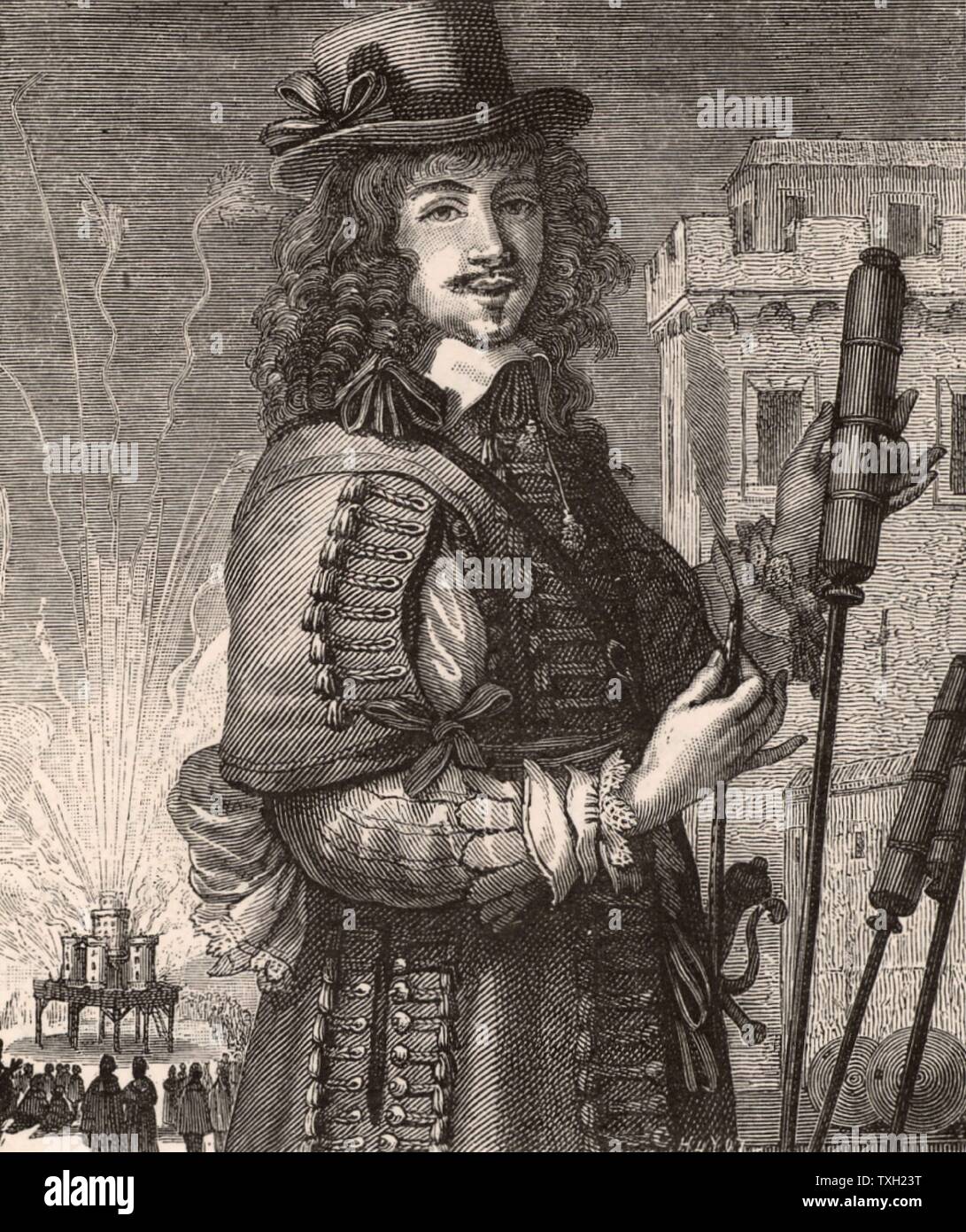 Pyrotechnist, Artificer or Firework-maker. After a print representing Fire  from a series of four representing the elements by the French engraver Abraham Bosse (1602-1676). Stock Photo