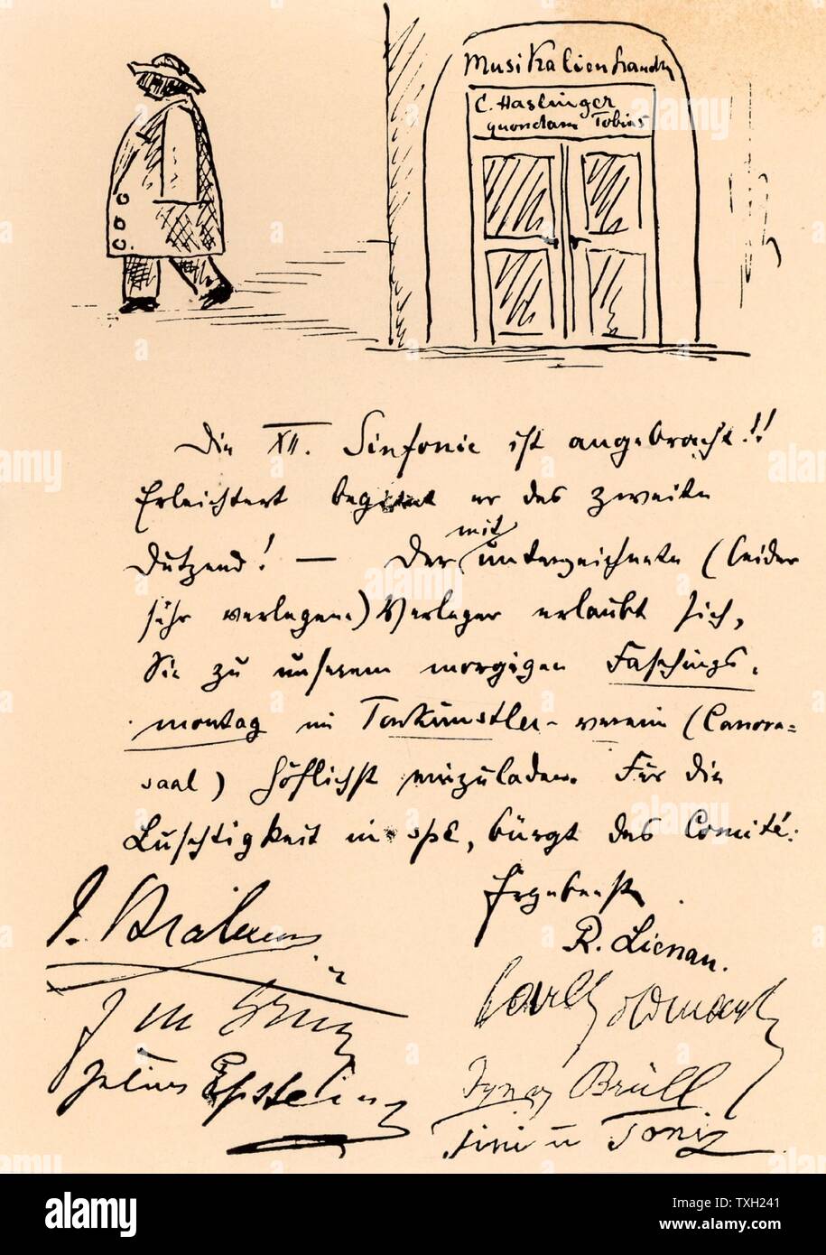 Invitation to a carnival at the Tonkunstlerverein, Vienna. Cartoon shows Anton Bruckner (1824-1896) leaving the office of Haslinger, Beethoven's publisher: 'The twelfth symphony has been worked off!! Relieved, he starts the second dozen'.   Signed by Johnnes Brahms, J.M. Grun, Julius Epstein, R. Lienau, Carl Goldmark, Brull, and Mr & Mrs Anton Door. Stock Photo