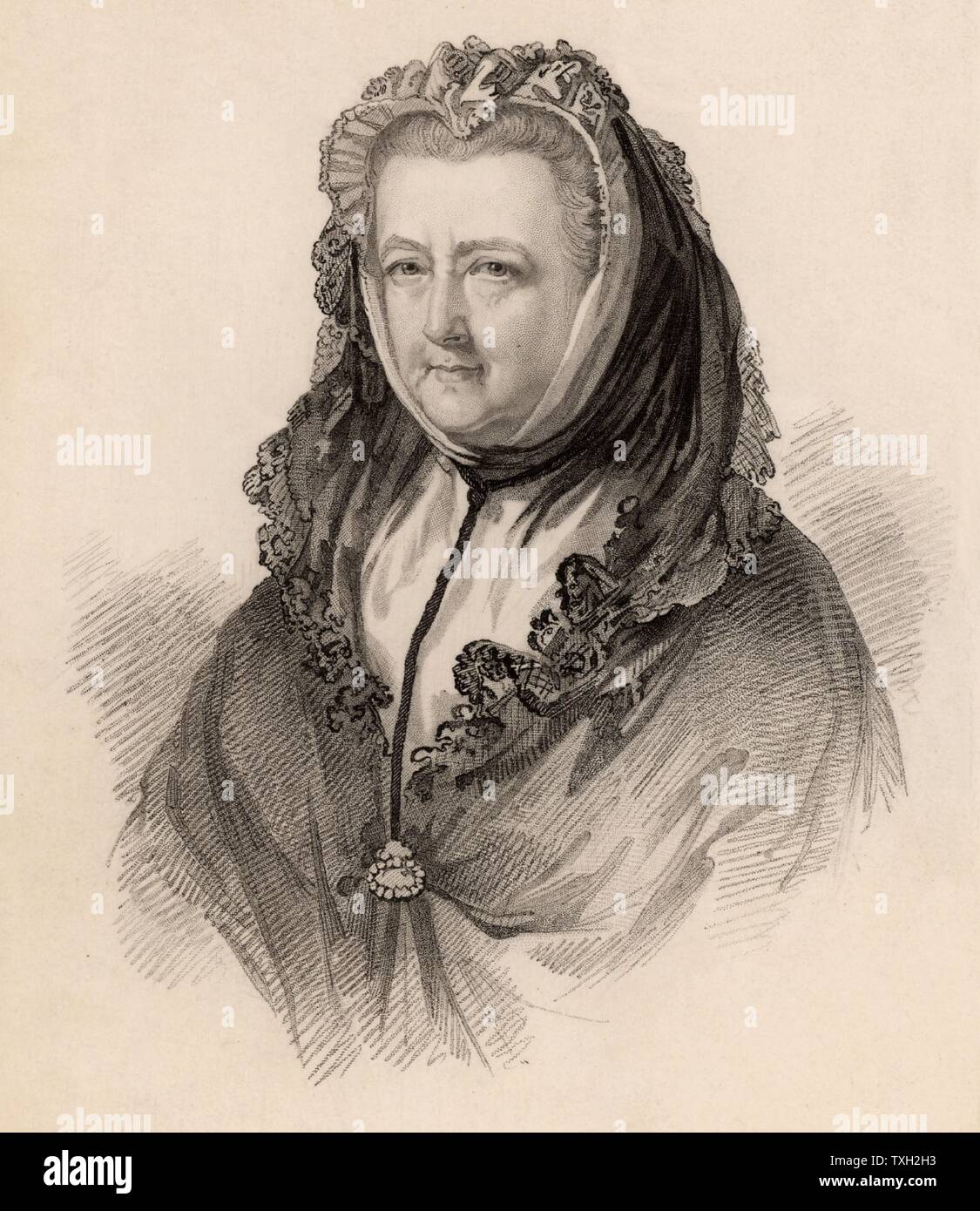 Mary Delany (born Granville 1700-1788) Englishwoman of artistic and literary tastes.  In 1743 she married Patrick Delany, an Irish churchman and friend of Dean Jonathan Swift. She created exquisite paper 'mosaiks' (collages), many of which are now in the British Museum.    Engraving from 'Diary and Letters of Madame D'Arblay' by Fanny Burney (London, 1843). Stock Photo