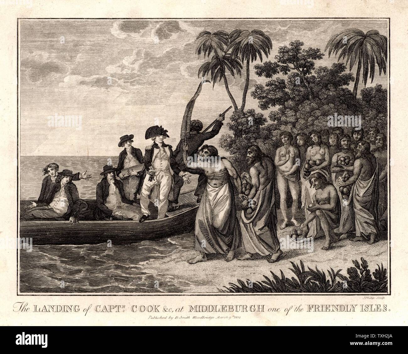 James Cook (1728-79) English explorer and navigator and hydrographer landing on the Friendly Islands (Kingdom of Tonga) in 1773. From 'Captain Cook's Original Voyages Round the World' (Woodbridge, Suffolk, c1815).  Engraving. Stock Photo