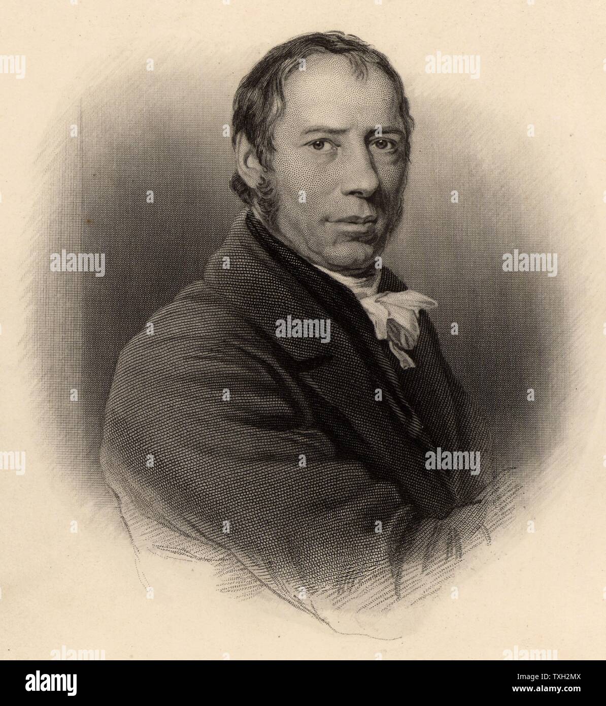 Richard Trevithick (1771-1833) English engineer and inventor, born near Redruth, Cornwall.  Between 1800and 1815 he built a number of steam-powered road  vehicles and railway locomotives. Engraving from 'Life of Richard Trevithick' by Francis Trevithick (London, 1872). Stock Photo