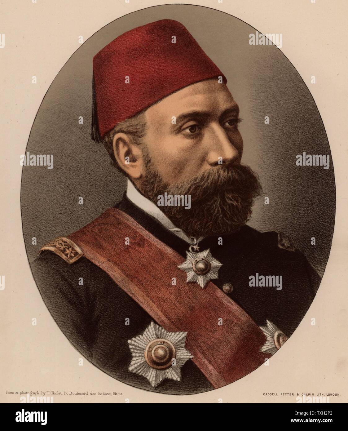 Osman Nuri Pasha (1837?-1900) General of the Ottoman Empire.  Fought in the Crimean War (1854-1856).  Created Field Marshal in the Russo-Turkish War (1877-1878). From 'The Modern Portrait Gallery' (London, c1880). Tinted lithograph. Stock Photo