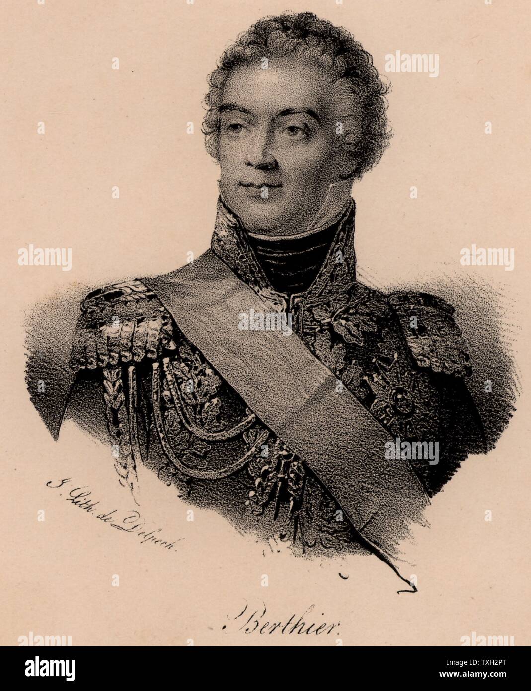 Alexandre Berthier (1753-1815). Prince of Neuchatel and Wagram. French soldier, Marshal of France. Chief of staff to Napoleon. Fought with Lafayette during the American War of Independence.  Lithograph. Stock Photo