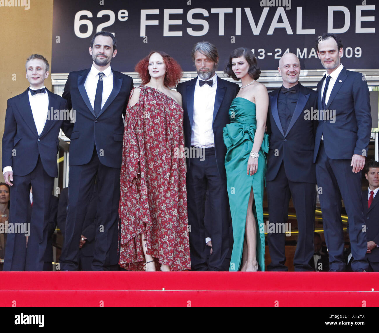 The cast and crew of the film 'Coco Chanel & Igor Stravinsky', including actress Elena Morozova, actor Mads Mikkelsen, actress Anna Mouglalis and director Jan Kounen, arrive at the top of the red steps of the Palais des Festivals before the premiere of their film during the closing ceremony of the 62nd annual Cannes Film Festival in Cannes, France on May 24, 2009.   (UPI Photo/David Silpa) Stock Photo