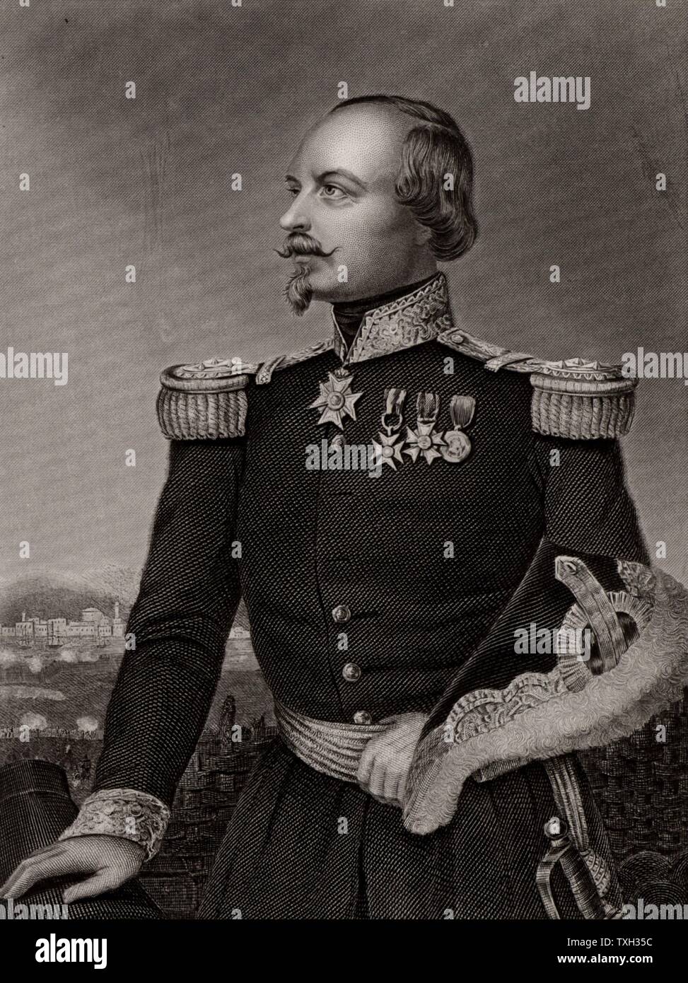 François Certain de Canrobert (1809-1895) French soldier and Marshal of France. During the Crimean (Russo-Turkish) War (1853-1856)  he was twice wounded at the Battle of Alma. On the death of St Arnaud (1854) he assumed command of French forces and was again wounded at Inkerman leading a charge of Zouaves.  Engraving. Stock Photo