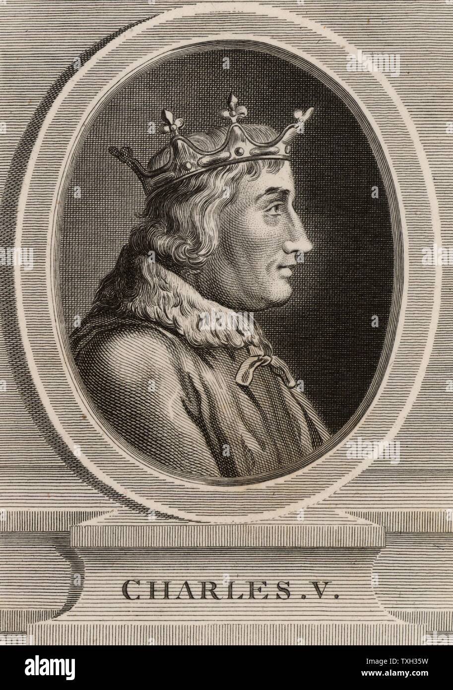 Charles V, the Wise (1338-80) king of France from 1364. Regent during father's (John or Jean II) captivity in England after the Battle of Poitiers, 1356, during the Hundred Years War.  He regained most of territory lost to the English.  Copperplate engraving 1793. Stock Photo