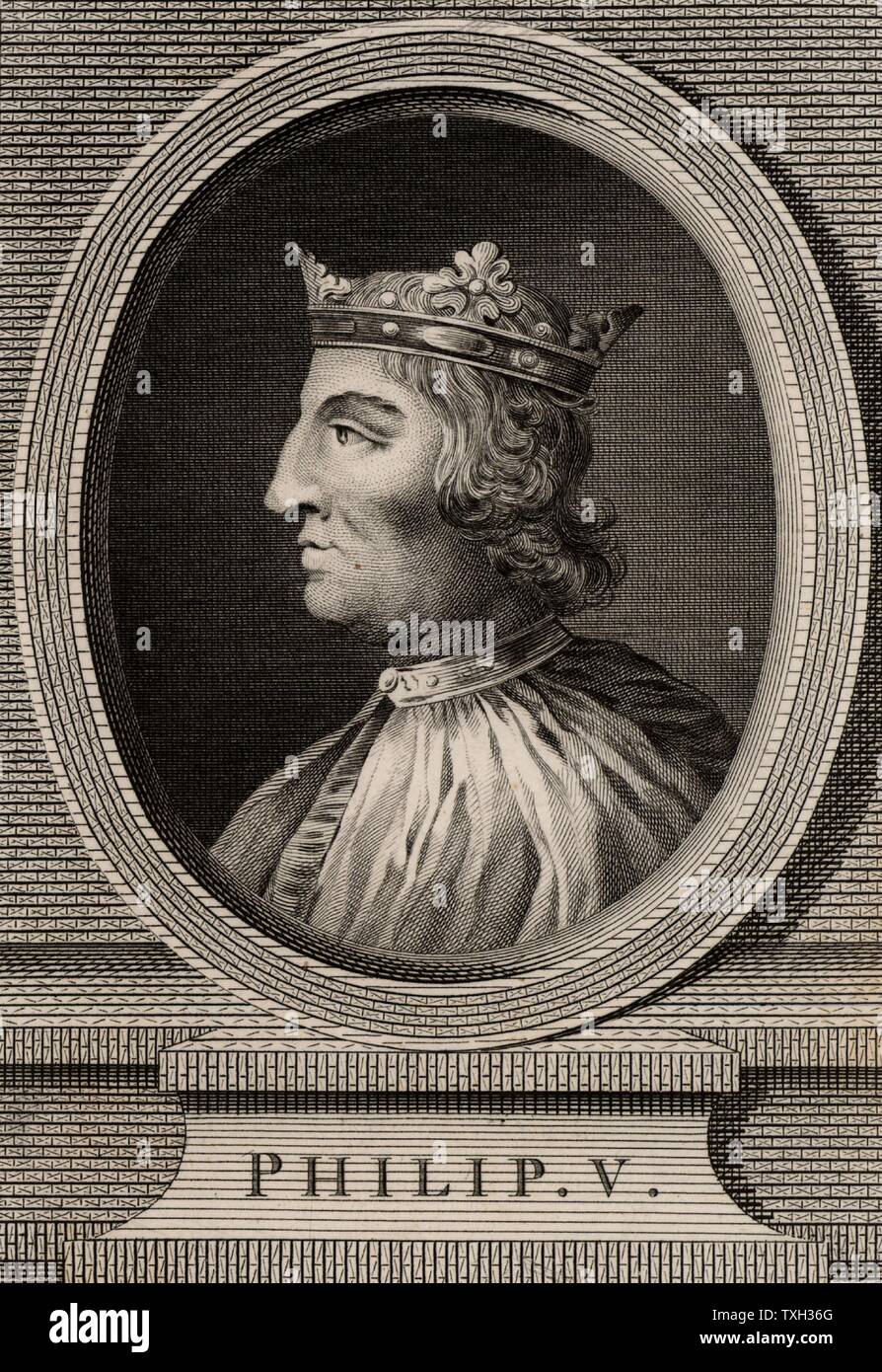 Philip V, the Tall (1293-1322) a member of the Capetian dynasty,  king of France from 1316. Copperplate engraving, 1793. Stock Photo