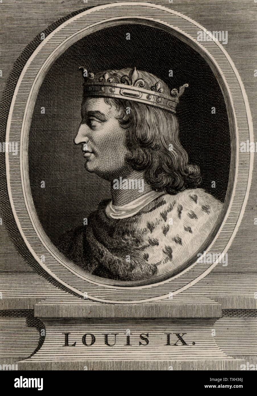 Louis IX known as St Louis (1215-70) a member of the Capetian dynasty, king of France from 1226. In 1249 on the 7th Crusade Louis was captured and was ransomed in 1250.  In 1270 embarked on the 8th Crusade and died of plague at Tunis. Copperplate engraving, 1793. Stock Photo