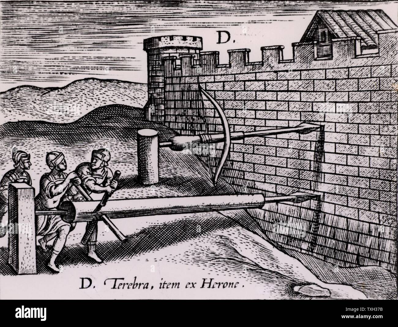 Two forms auger used by the Romans in siege warfare to drill into the wall of a fortress.  From "Poliorceticon sive de machinis tormentis telis" by Justus Lipsius (Joost Lips) (Antwerp, 1605). Engraving. Stock Photo
