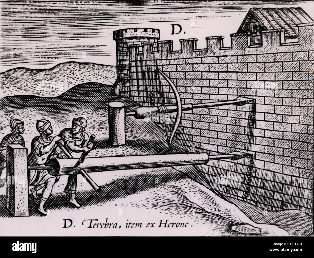 Two forms auger used by the Romans in siege warfare to drill into the wall of a fortress.  From 'Poliorceticon sive de machinis tormentis telis' by Justus Lipsius (Joost Lips) (Antwerp, 1605). Engraving. Stock Photo