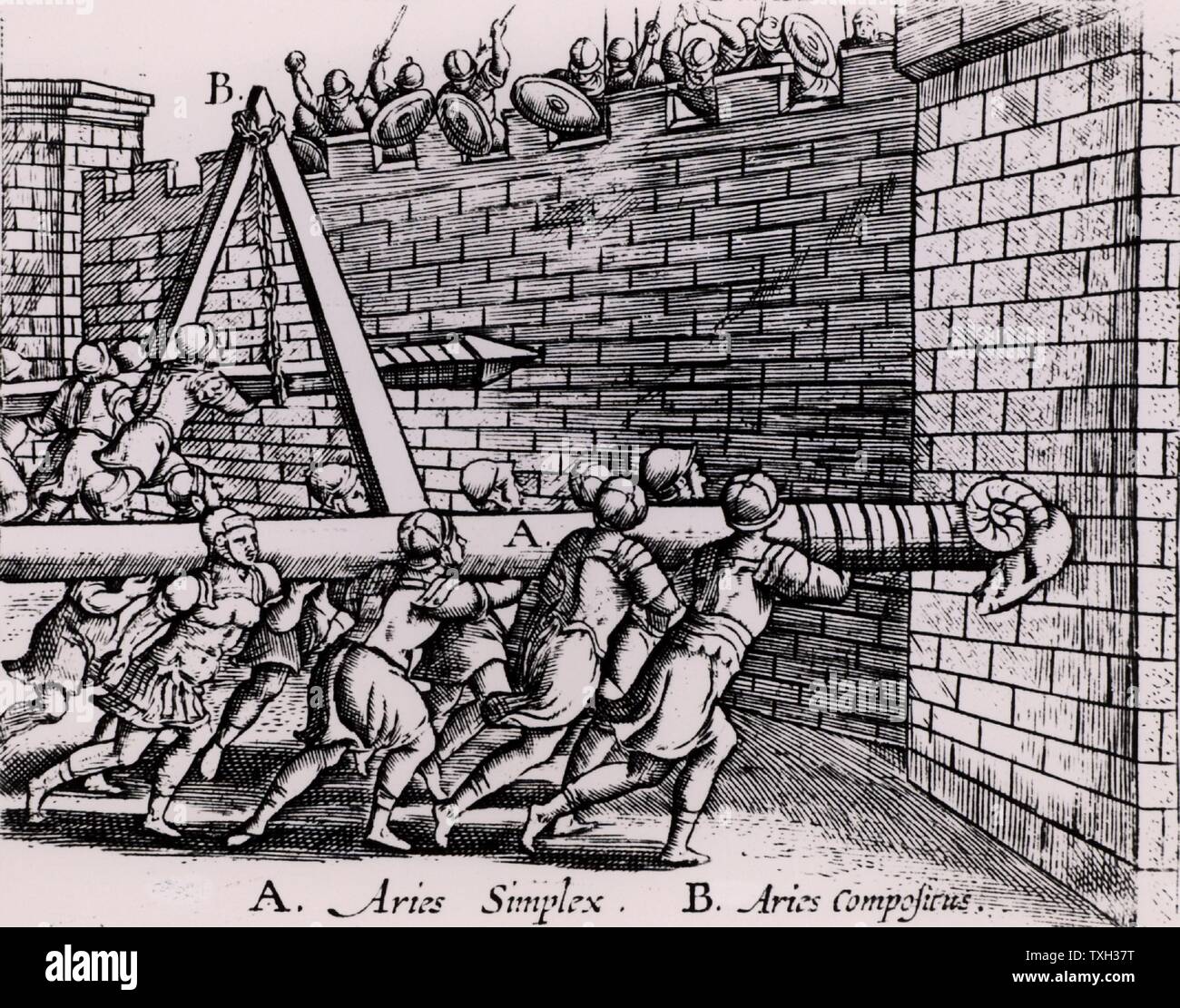 Roman soldiers using two forms of battering ram against the walls of a fortress.  A, in the foreground, is the simple form resting on the men's shoulders, while the one at B is hung on a chain hanging from a frame, so enabling the men to concentrate their strength on thrusting the battering ram forward.  From 'Poliorceticon sive de machinis tormentis telis' by Justus Lipsius (Joost Lips) (Antwerp, 1605). Engraving. Stock Photo