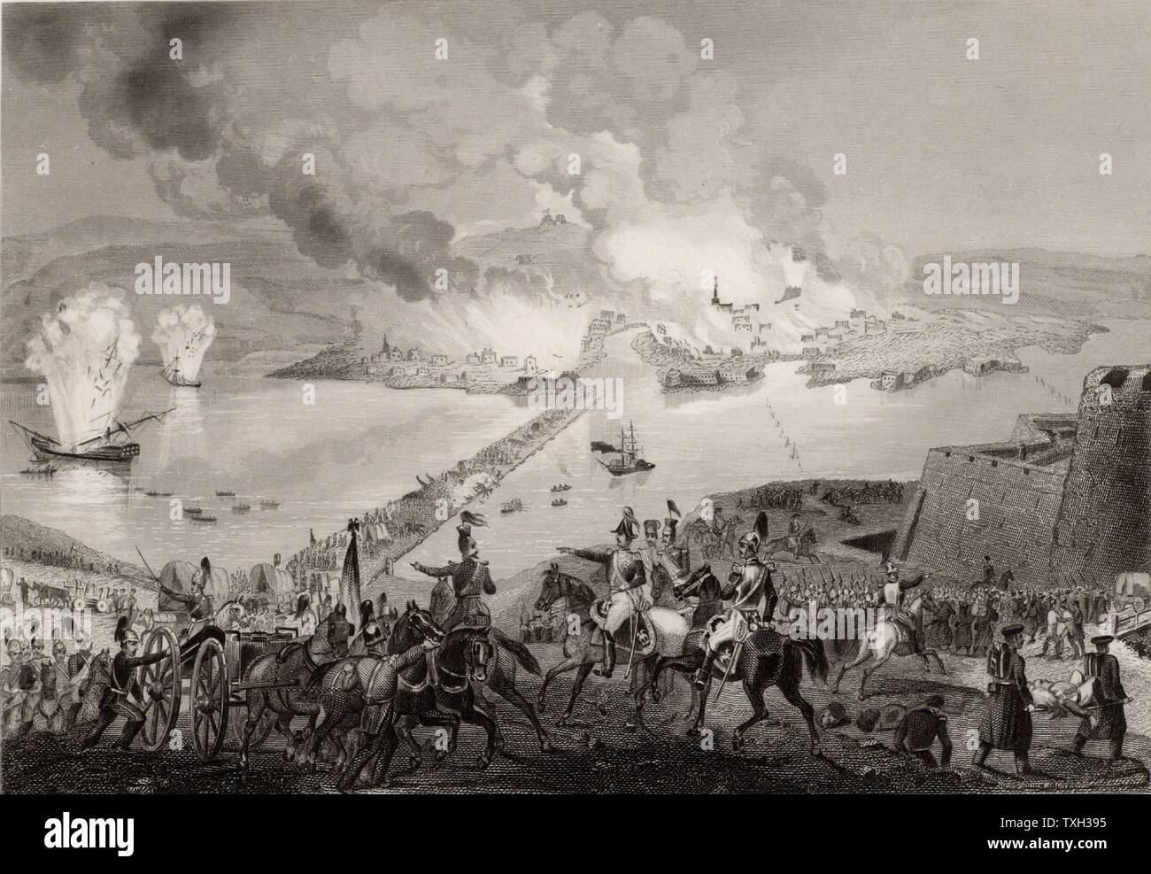 Crimean (Russo-Turkish) War 1853-1856. Siege of Sebastopol (Sevastopol) October 1854 to September 1855. View from the south showing the Russian retreat on 8 September 1855.  Steel engraving c1860 Stock Photo