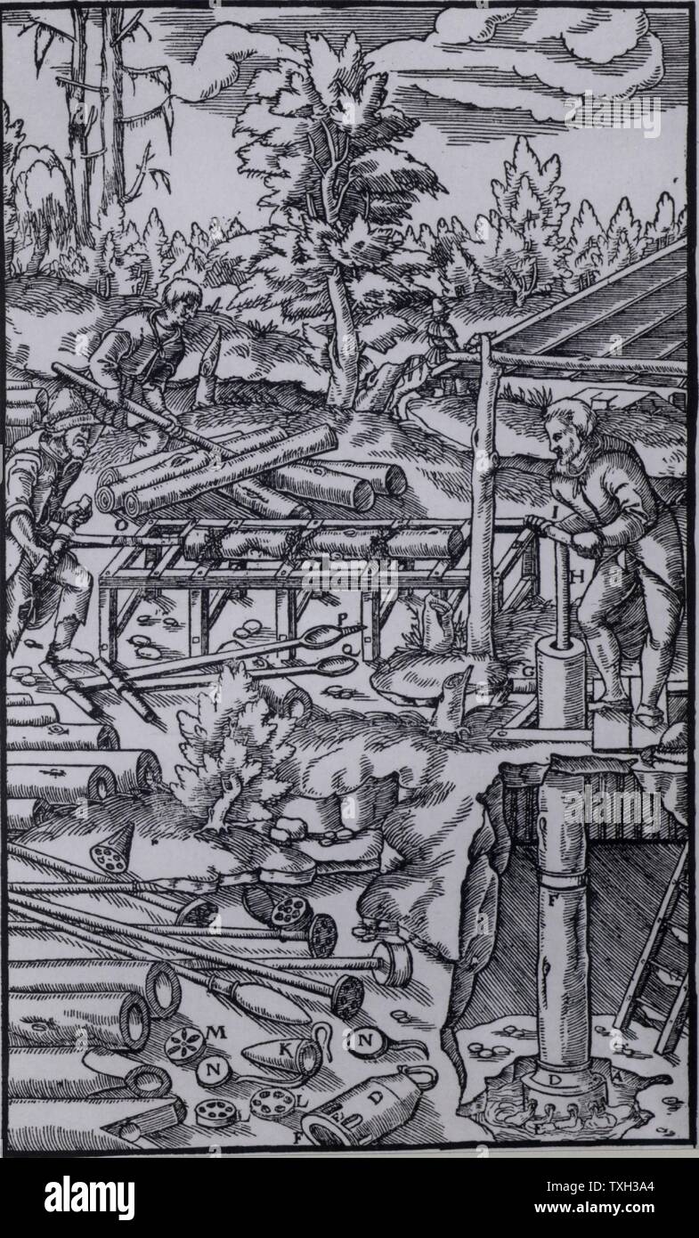Mine drainage. Man in centre left of picture is boring lengths of wood with borers and augers to form pipes. Man on centre right is working the piston rod of a suction pump to raise water from a mine.  In the left foreground are lengths of pipe to be joined, and various internal pump parts.   From 'De re metallica', by Agricola, pseudonym of Georg Bauer (Basle, 1556).   Woodcut. Stock Photo