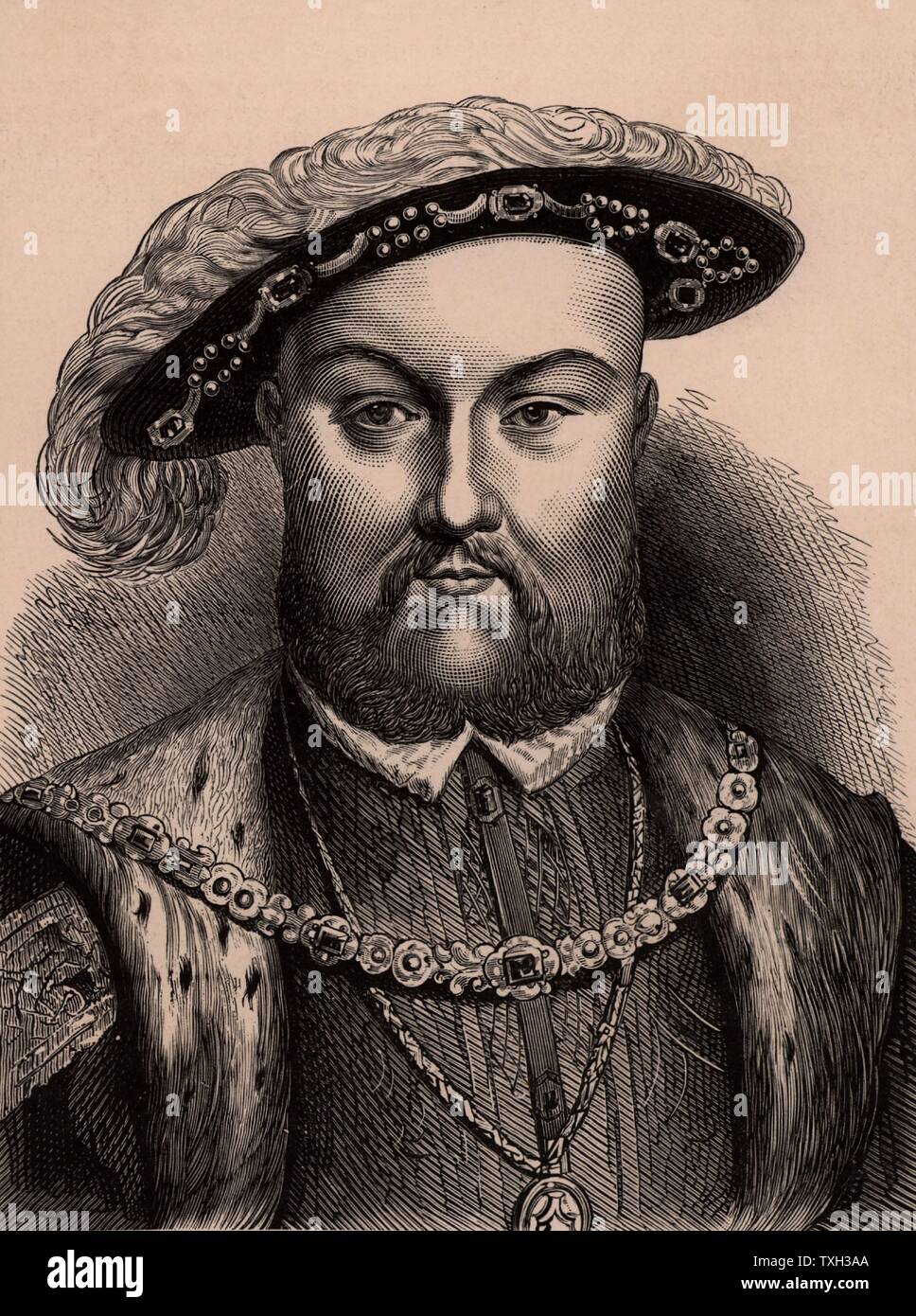 Henry VIII (1491-1547) king of England from 1509. Second monarch of the Tudor dynasty, father of Edward VI, Mary I, and Elizabeth I. Wood engraving c1900. Stock Photo
