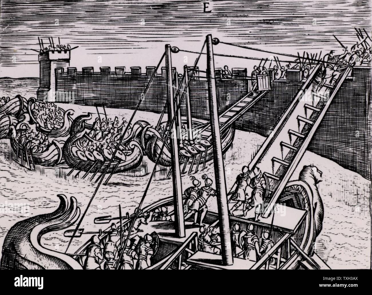 Roman soldiers scaling the walls of a fortress using ladders mounted on boats. From "Poliorceticon sive de machinis tormentis telis" by Justus Lipsius (Joost Lips) (Antwerp, 1605). Engraving. Stock Photo