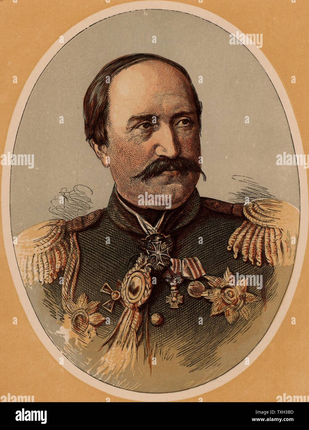 Nicholas Pavlovich Ignatiev (1832-1908) Russian soldier, diplomat and statesman, champion of pan-Slavism. In 1856 he was present at the Treaty of Paris at the end of the Crimean War.  Ambassador to Constantinople (Istanbul) 1864-1877. Minister of the Interior 1881-1882. Colour-printed wood engraving. Stock Photo