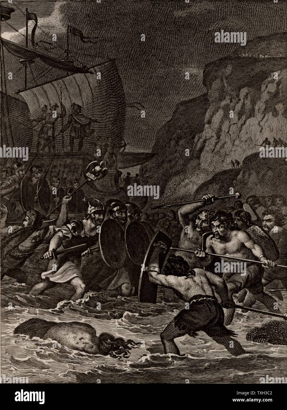 Roman troops under Julius Caesar invading Britain in 55 BC.  From 'The Imperial History of England' by Theophilus Camden (London, 1832). Engraving. Stock Photo
