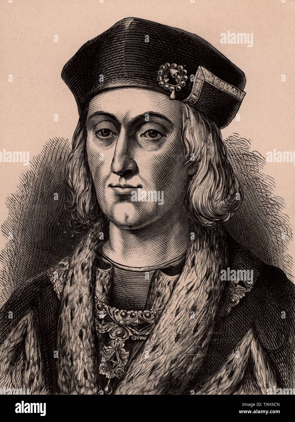 Henry VII (1457-1509) first Tudor king of England from 1485.  Defeated Richard III at Bosworth Field on 22 August 1485, the battle which ended the Wars of the Roses. Wood engraving c1900. Stock Photo