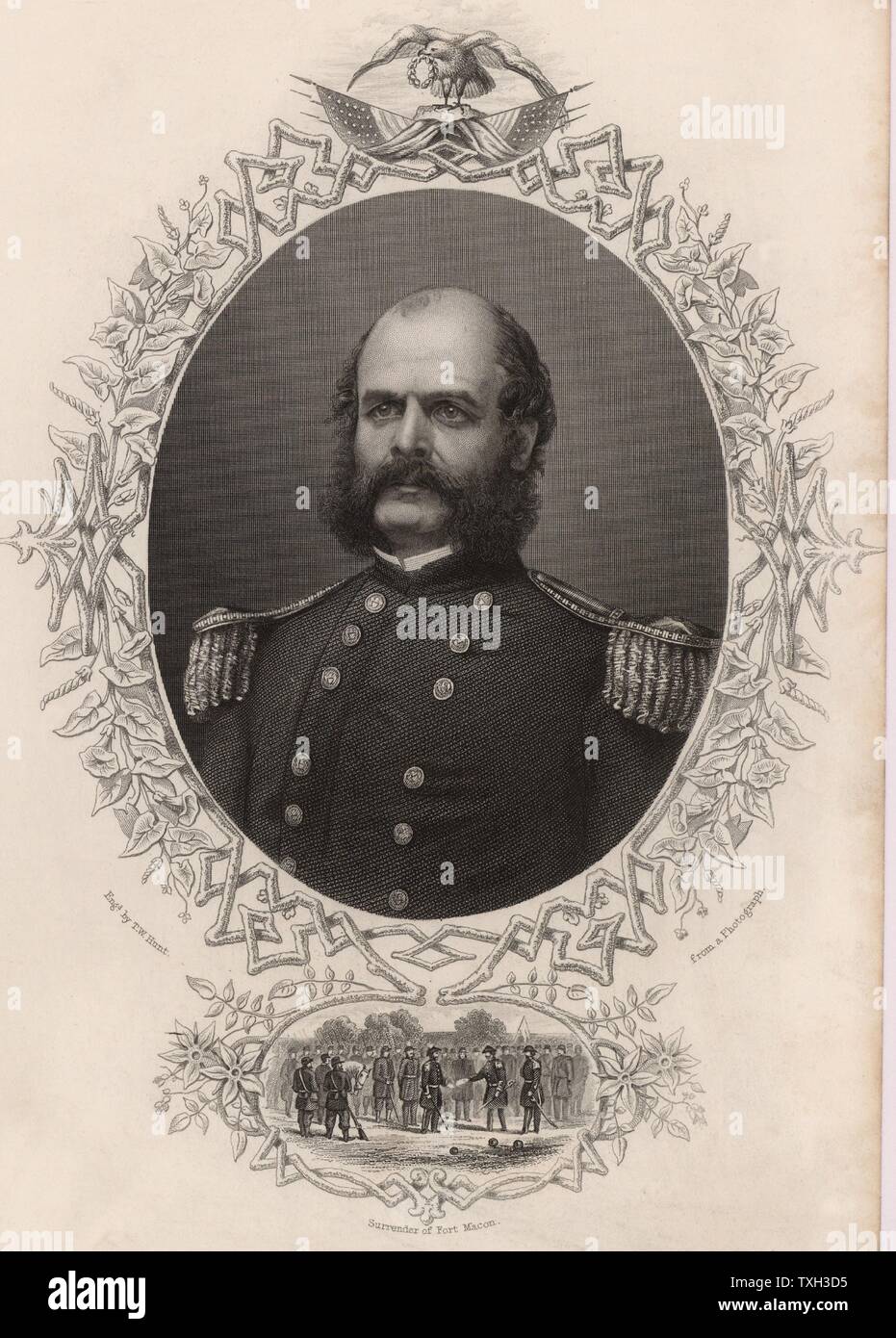 Ambrose Everett Burnside (1824-81) American soldier; Unionist general in American Civil War.  His style of facial hair was called Burnsides and is now known as sideburns. Engraving Stock Photo