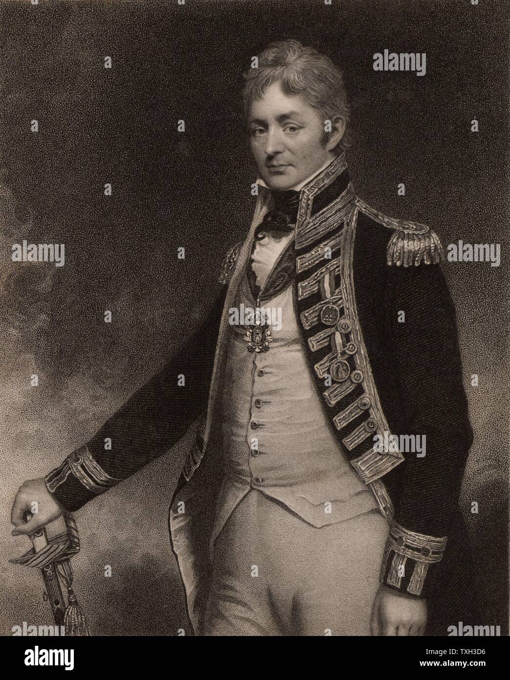 Thomas Troubridge (c1758-1807) British naval officer who rose to the rank of Rear-Admiral. Entered the Royal Navy in 1773, served in the East Indies, at the Battle of Cape St Vincent, and Aboukir Bay.  In 1807 his ship foundered of Madagascar and he and his whole crew were lost.  From 'National Portrait Gallery' by James Jerdan (London, 1830). Stock Photo