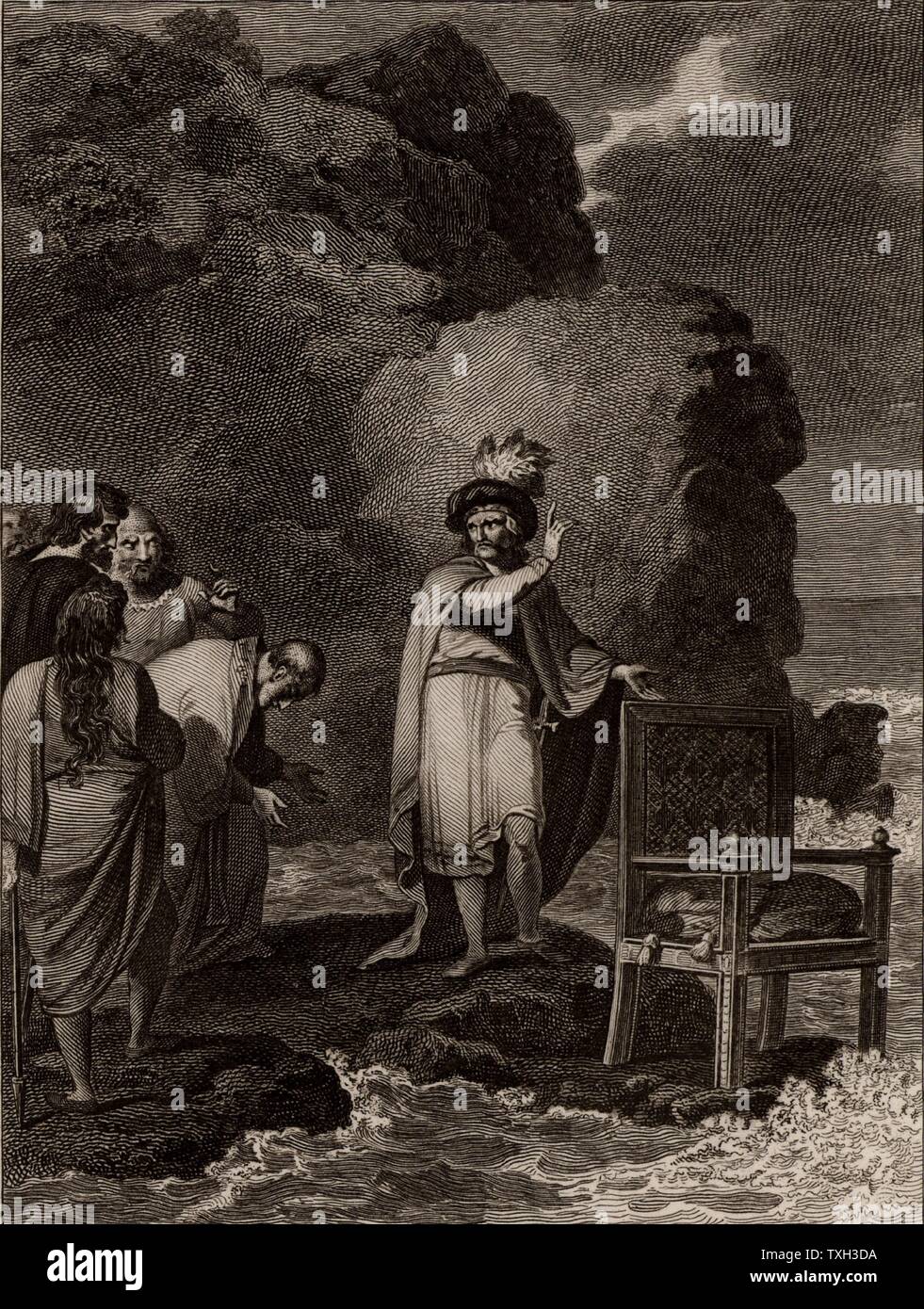 Canute the Great (Sveinsson Knut, 994 or 995-1035), King of England from 1016, and Denmark from 1018, and Norway from 1030. Canute demonstrating to his flattering courtiers that God alone can command the tides.  From 'The Imperial History of England' by Theophilus Camden (London, 1832). Engraving. Stock Photo