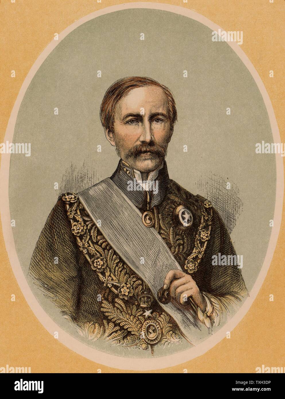 (Henry) Bartle (Edward) Frere (1815-84) British colonial administrator, born at Clydach, Breckonshire, Wales. Governor of Bombay (Mumbai) 1862-1867. Appointed governor of the Cape and High Commissioner in South Africa in 1877, recalled in 1880 because of his treatment of the Zulus.  Colour-printed wood engraving. Stock Photo
